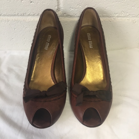 MIU MIU • Leather Peep Toe Wedges - Picture 6 of 16